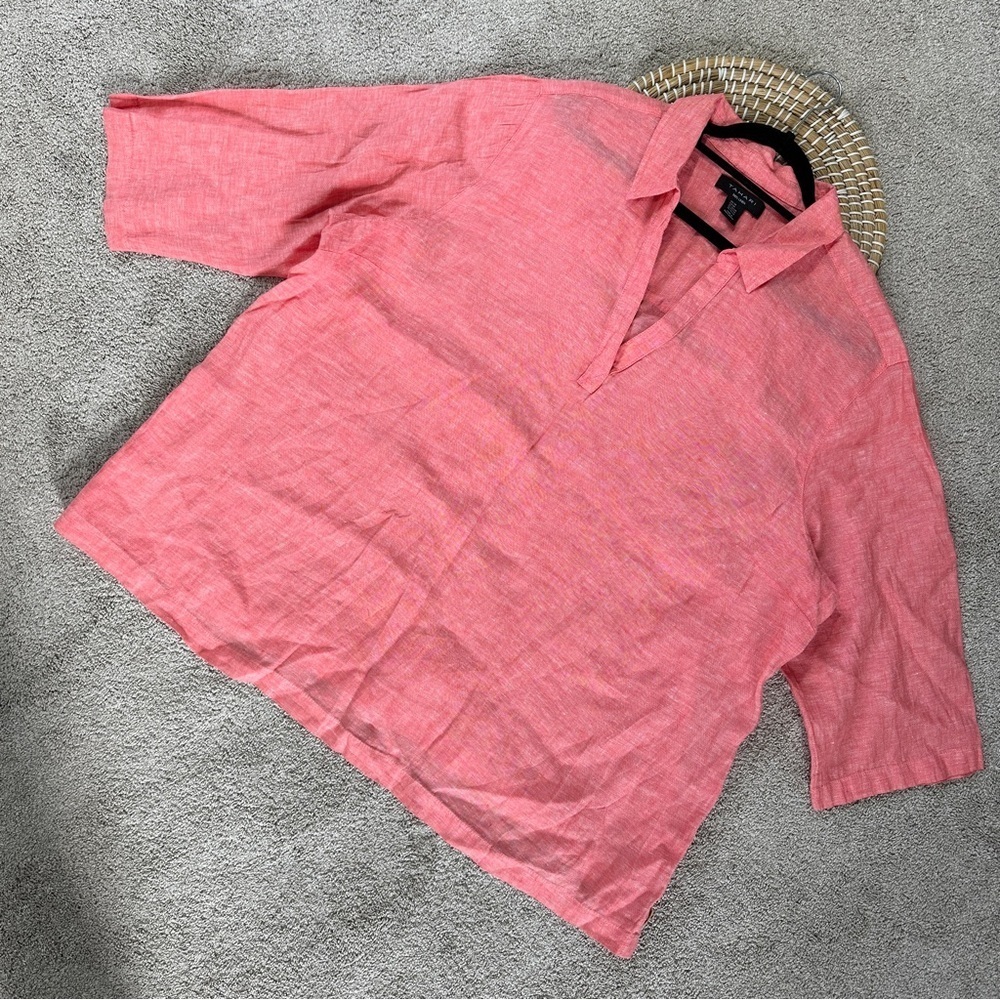 Tahari 100% Linen V-Neck Tunic Top 3/4 Sleeve Side Button in Coral Plus Size 3X